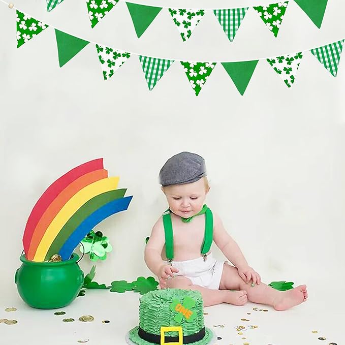 2 Sets of Shamrocks Nursery Garland 20Pcs Green Plaid Clover Pennant Banner Flags Fabric Linen Triangle Streamers for St Patrick's Day Party Decorations Spring Birthday Baby Shower Baby Bedroom Decor