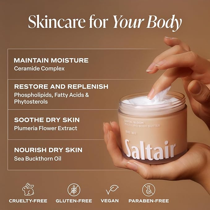 Saltair Multi-Lipid Body Butter - Rich, Nourishing Santal Bloom Hydrating Body Cream with Ceramide Complex, Coconut Oil, Shea Butter, and Sea Buckthorn. Deep Moisturizing Dry Skin Care. 10oz Jar
