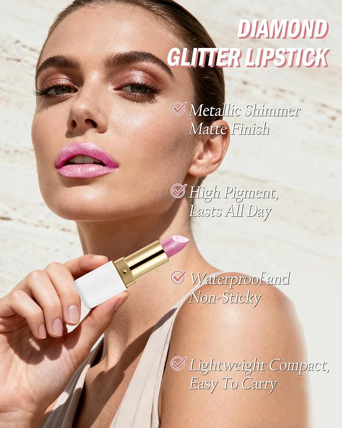 Diamond Glitter Lipstick, Pink Shimmer Matte Metallic Lipstick, High Pigment Waterproof Long Lasting Lip Gloss, Shiny Non-Sticky Creamy Lip Stain, Christmas Lip Makeup Festival Gift for Women Girl-12