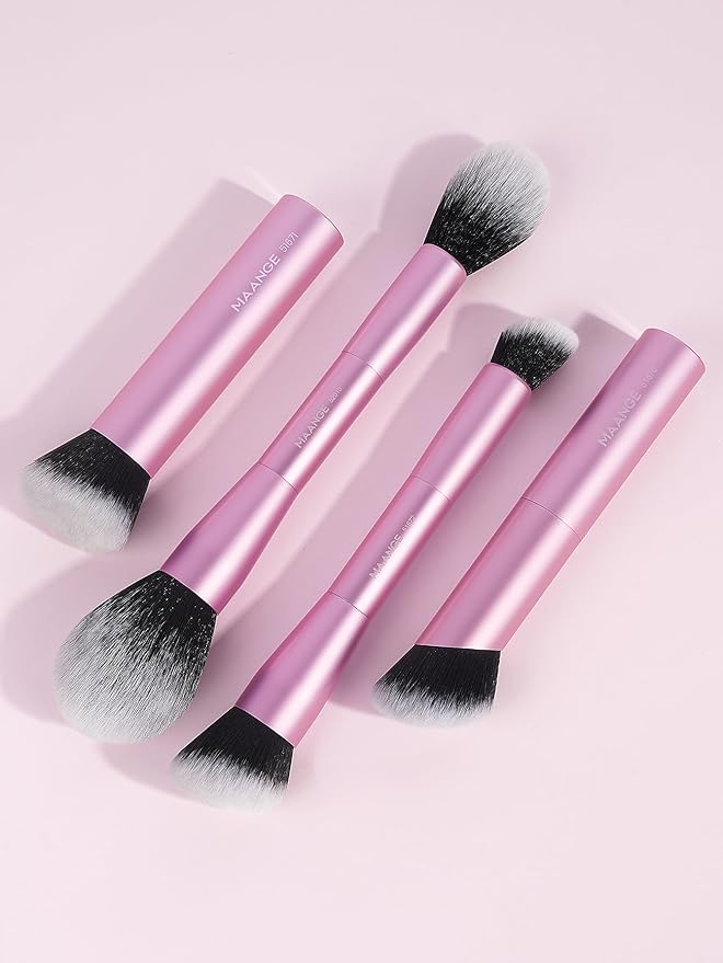 MAANGE 4 PCS Foundation Makeup Brush Set Double-ended Kabuki Brush Contour Brush for Liquid Powder Concealer Cream Cosmetics Blending Blush Face Makeup Tools Kit (Pink)