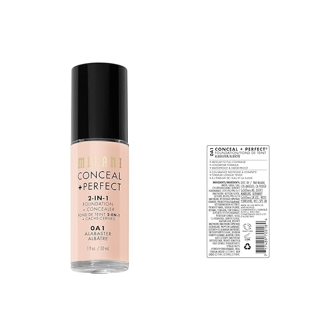 Milani Conceal + Perfect 2-in-1 Foundation + Concealer for a Flawless Complexion, Under Eye Corrector, Cover Redness and Imperfections, Waterproof and Sweatproof - Alabaster