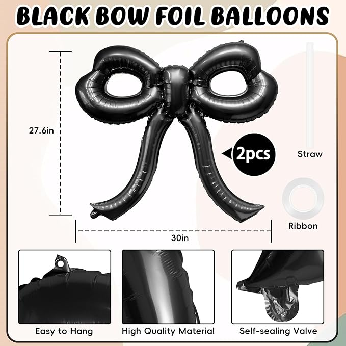 2 Pcs Bow Birthday Decorations Black Bow Balloons Bow Party Decorations Giant Foil Balloon for Girl Women Baby Shower Bridal Engagement Wedding Decor Bachelorette Party Supplies
