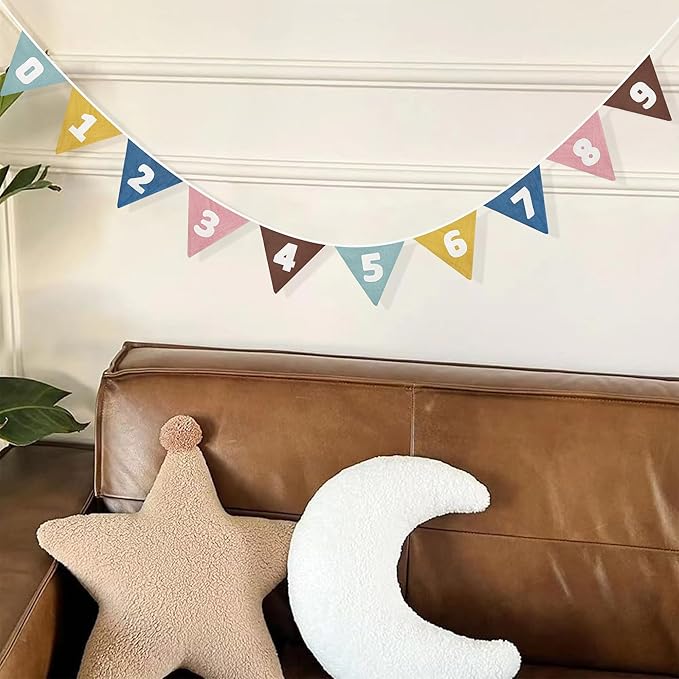 2 Sets of Retro Colored Pennant Banner 20Pcs Nursery Garland Flags Numbers 0-9 Fabric Linen Triangle Streamers for Kids Birthday Baby Shower Party Decorations Classroom Baby Room Math Learning Decor