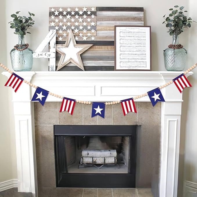 5.1 FT 4th of July Patriotic American Flag Wood Bead Garland Banner - Independence Day Decorations for Fireplace Mantle, Red White Blue Decor for Memorial Day, Veterans Day & Party Supplies