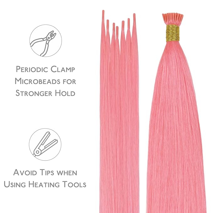 WENNALIFE I Tip Hair Extensions Human Hair, 50g 100s 14 Inch Peach Pink Remy Itip Human Hair Extensions Invisible Itips Straight I Tips Fusion Extensions Real Human Hair