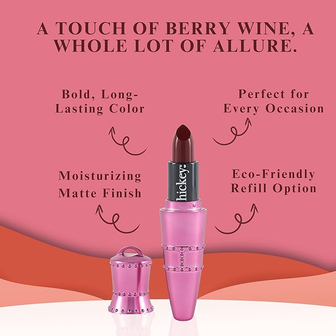Hickey Lipstick Big Trouble Berry Wine Lipstick Refillable - Hydrating & Moisturizing Shade, Lip Color for Women, Berry Lipstick Long Lasting, Gluten-Free & Vegan with Highly Pigmented