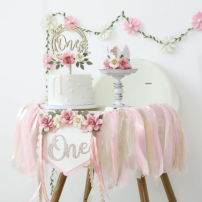 Wildflower 1st High Chair Banner Birthday Decorations For Girl Pink Flower Cake Topper Hat Floral Theme Party Decoration