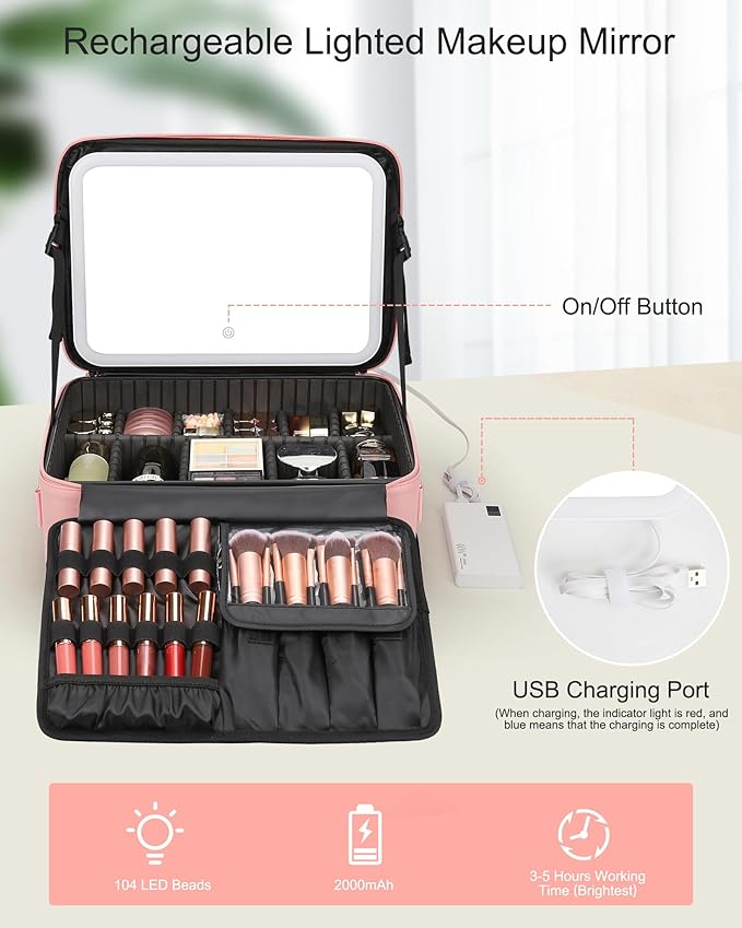 Relavel Makeup Bag with LED Mirror, 15 inches Large Makeup Case with Lighted Up Mirror Travel Cosmetic Train Case Organizer Vanity Case for Makeup Artists, 3 Color Lights & Adjustable Dividers (Pink)