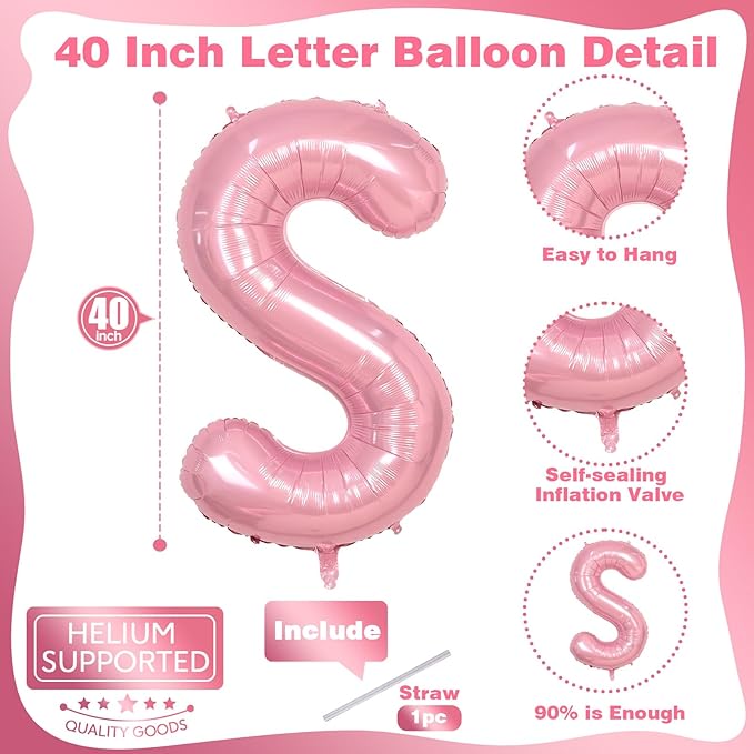 Self Inflating Pastel Pink S Letter Balloon, 40 Inch Large Alphabet Foil Custom Letter Balloon for Girls Birthday Party & Baby Shower Decoration