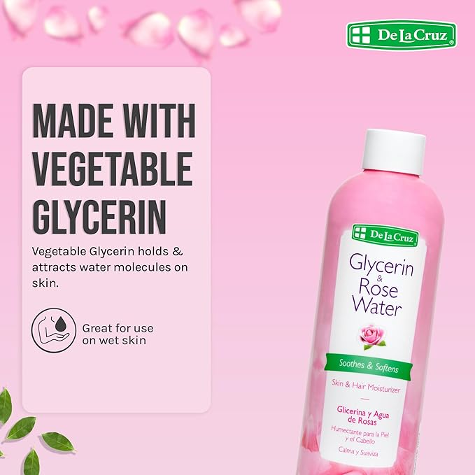 De La Cruz Rose Water and Glycerin for Face - Rosewater Facial Toner and Moisturizer for Skin and Hair 8 fl oz. (236 mL) - 1 Bottle