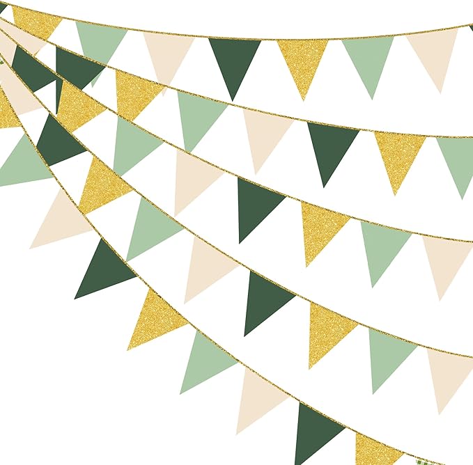 Sage Green Gold Party Decorations Pennant Banner Flag Oilve Green Cream Beige Gold Hanging Glitter Paper Triangle Bunting for Neutral Baby Shower Birthday Wedding Woodland Jungle Safari Party Supplies