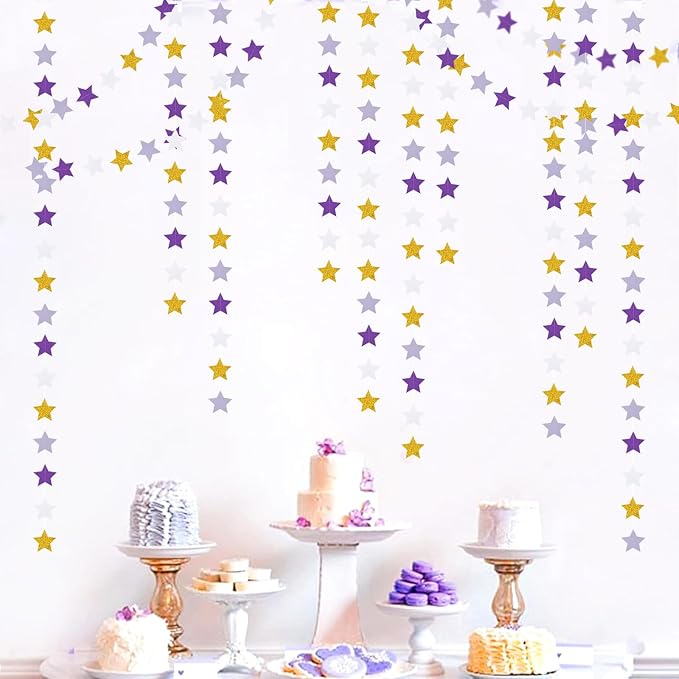 Purple-Lavender White-Gold Party-Decorations Star Garland - 62ft Streamers Hanging Banner,Girl Birthday Wedding Twinkle Twinkle Little Star Baby Bridal Shower Graduation Decor Hugtmr