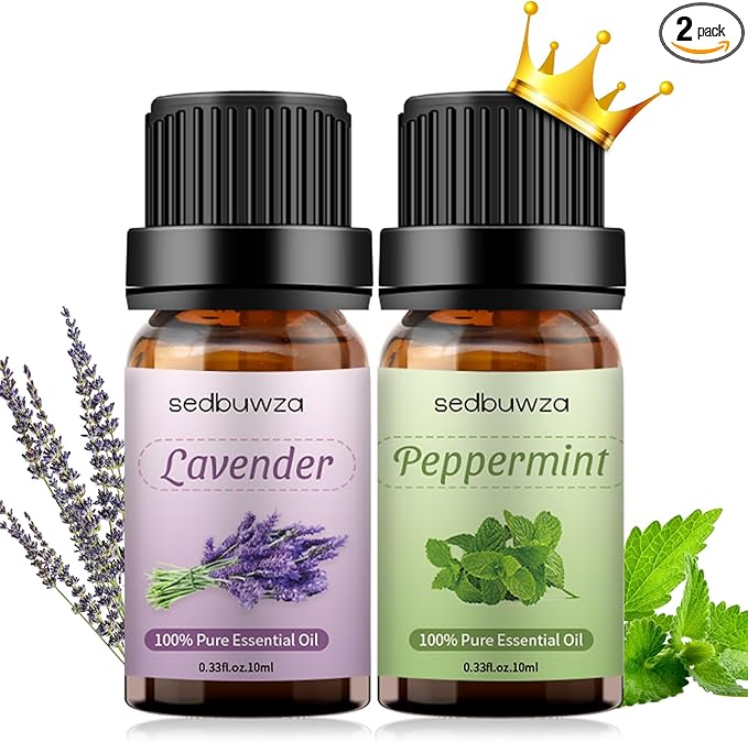 Sedbuwza Lavender Peppermint Essential Oil Set, Lavender Fragrance Oil Peppermint Scent Oil Set for Diffuser, Aromatherapy, Massage, Soap, Candle Making 2 x 10 ml