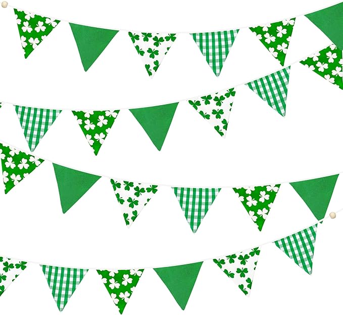 2 Sets of Shamrocks Nursery Garland 20Pcs Green Plaid Clover Pennant Banner Flags Fabric Linen Triangle Streamers for St Patrick's Day Party Decorations Spring Birthday Baby Shower Baby Bedroom Decor