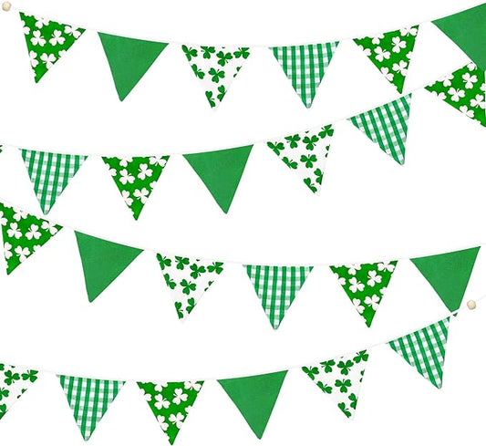 2 Sets of Shamrocks Nursery Garland 20Pcs Green Plaid Clover Pennant Banner Flags Fabric Linen Triangle Streamers for St Patrick's Day Party Decorations Spring Birthday Baby Shower Baby Bedroom Decor