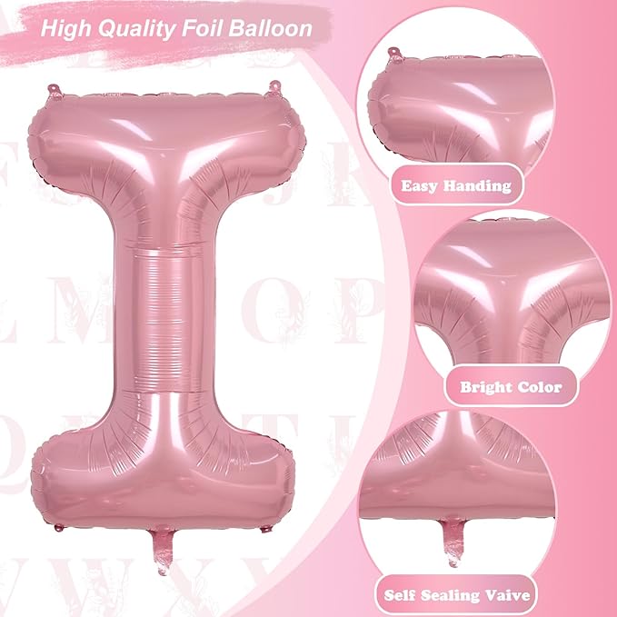Pastel Pink I Letter Balloon, 40" Alphabet Foil Light Pink, Large Self Inflating for Girls Birthday Party Baby Shower Decoration