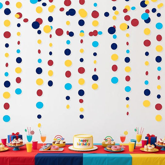 Red Blue Yellow Party Decorations Circle Dots Garland Hanging Paper Polka Dot Streamer for Carnival Circus Clown Fiesta Festivals Birthday Wedding Bridal Shower Wedding Baby Shower Party Supplies