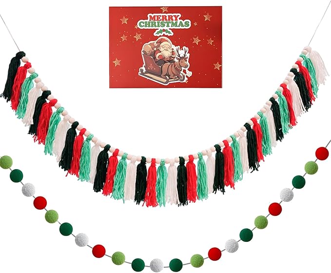 2 Pcs Boho Tassel Christmas Garland, Pom Pom Tassel, 6.5 Feet Long 20 Felt Balls, Christmas Colorful Wall Hanging Party Decorative Banner, Home Decoration Birthday Baby Shower