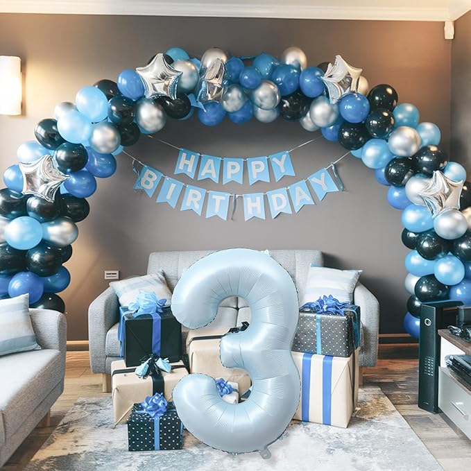 3rd Birthday Balloons for Boys, 40'' Foil Self Inflating Light Matte Blue Number 3 Balloon, Pastel Sky Blue Large Mylar 3 Balloon Number for Kids 3 Yeal Old Birthday Party Decor Anniversary Decoration