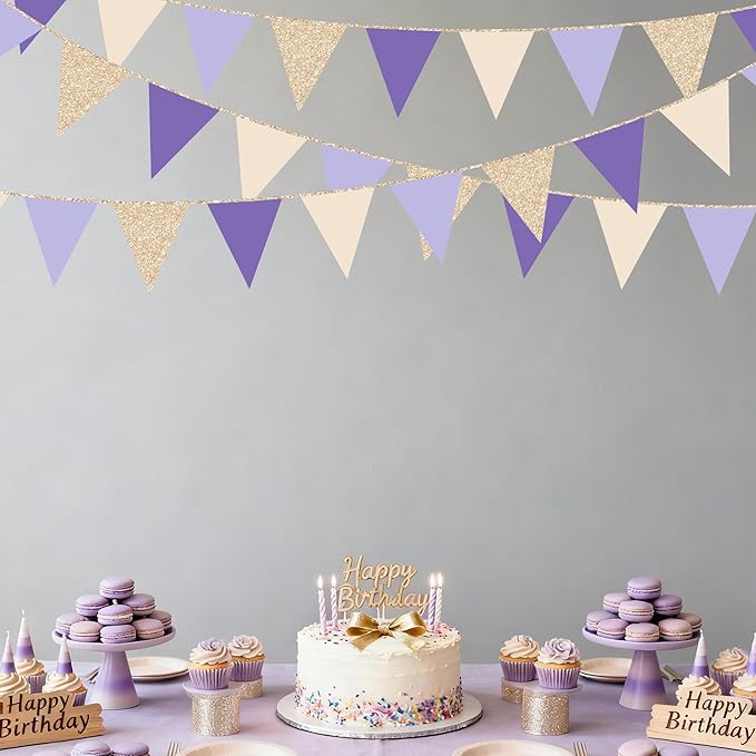 30 Ft Purple Lavender Beige Champagne Gold Party Decorations Pennant Banner Flag Hanging Paper Triangle Bunting for Baby Shower Birthday Bridal Shower Wedding Engagement Lilac Violet Party Supplies