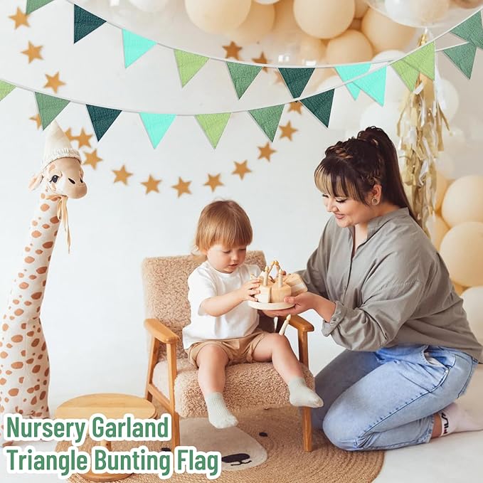 2PCS Pennant Banner Flags, Fabric Bunting Banner Nursery Garland Decor, Baby Shower Garland, Triangle Flags for Baby Boy Room, Playroom, Boho Birthday Party Decor, Each 7.75 ft (Blue Green)