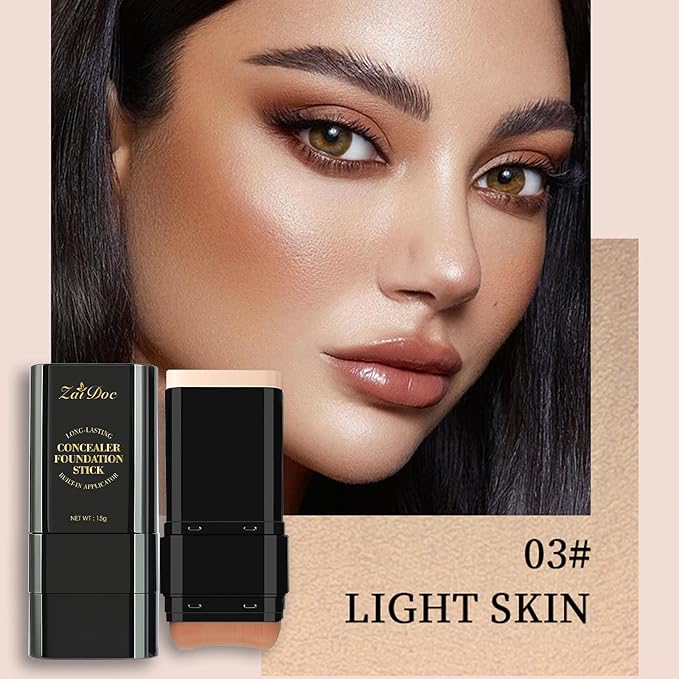 Concealer Foundation Stick, 2-in-1 Long-Lasting Foundation and Concealer with Brush, Creamy Full Coverage for Dark Circles & Blemishes, Hydrating Olive & Camellia, 2.09 Oz (03#)