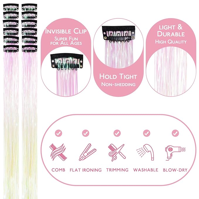 WENNALIFE Hair Tinsel Clip In for Girls Bright White, 12pcs 24 inch Clips Tinsel Hair Extensions Clip in Colorful Glitter Clips Fairy for Kids