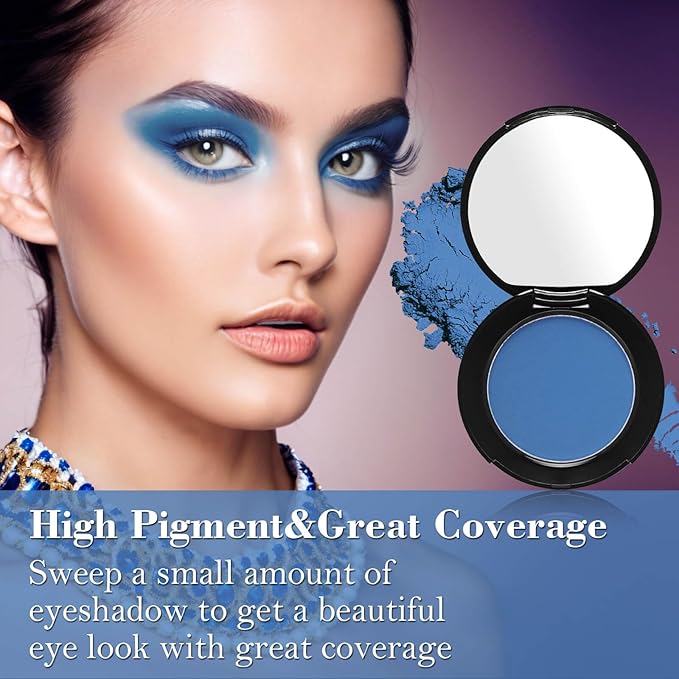 MEICOLY Single Blue Eyeshadow with Mirror and Mini Brush,Matte Eye Shadow Powder,High Pigment Eye Makeup,Waterproof Eyeshadow Palette,Talc-Free,Long Lasting,Blendable