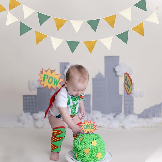 2 Sets of Yellow Green Nursery Garland Fabric Baby Banner 24Pcs Linen Triangle Pennant Flags Streamers for Baby Playroom Decor Kids Jungle Safari Golf Birthday Baby Shower Party Decorations