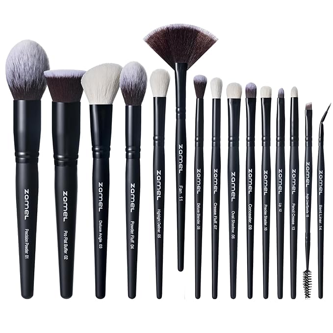 ZAMEL Professional Travel Goat Hair Makeup Brushes Set, 15Pcs Kabuki Face & Eye Makeup Brush set Ultra Soft Dense Flat Foundaiton Blush And Extra-large loose Powder Brush Eyeshadow