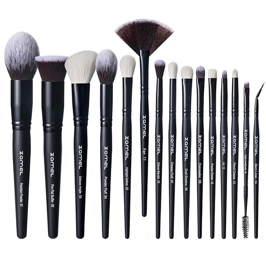 ZAMEL Professional Travel Goat Hair Makeup Brushes Set, 15Pcs Kabuki Face & Eye Makeup Brush set Ultra Soft Dense Flat Foundaiton Blush And Extra-large loose Powder Brush Eyeshadow