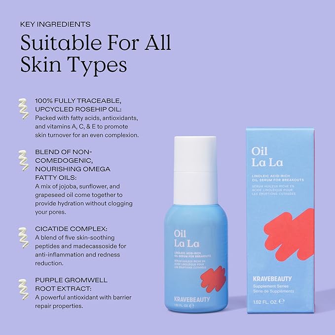 KraveBeauty Jumbo Oil La La, Linoleic Acid-Rich Oil Serum For Breakouts & Clogged Pores, Contains Non-Comedogenic Oils, Improves Dark Spots & Scars, Vegan & Cruelty Free, 3.38 fl oz