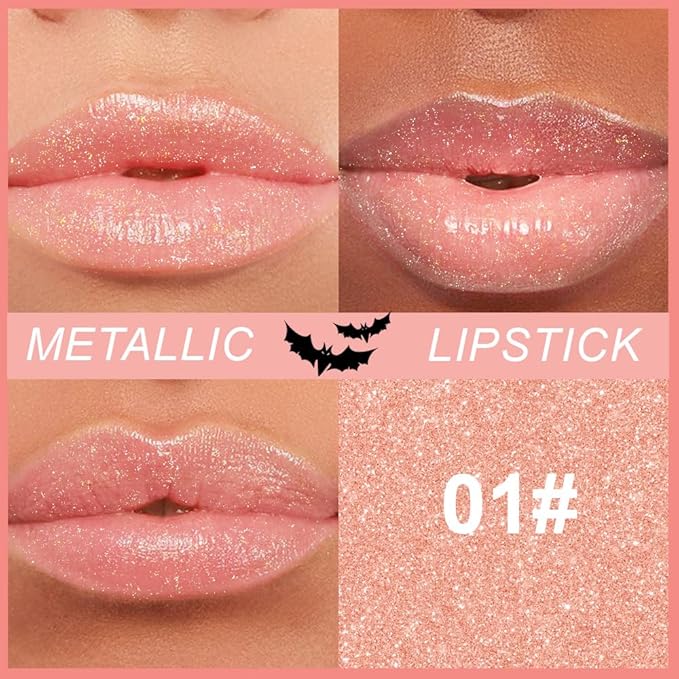 Nude Pink Metallic Lipstick for Women,Lightweight Non-Drying Shimmer Frosted Lipsticks,Glitter Lip Gloss Stain Long Lasting Waterproof No Smudge Proof No Transfer 12 Hour,Cruelty-Free Makeup