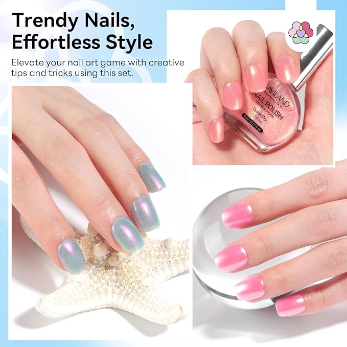 SAVILAND Color Artistry Nail Polish Set: Quick Dry Mermaid Nail Polish 6-Color Pearl Pink Blue White Nail Lacquer Polish Kit 12-Free with Castor Oil Sheer Color Nail Art DIY Manicure Aurora Nail