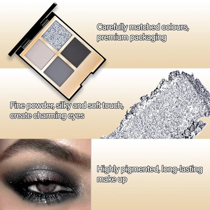 4 Colors Eyeshadow Makeup Palette,Black Gray Natural Neutral Nude Smoke Eye Shadow Palette with Mirror,Long Lasting Naturing-Looking,Waterproof,Travel Size
