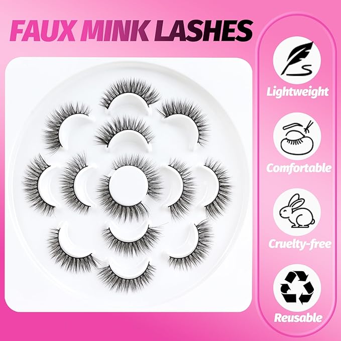 Veleasha Lashes 5D Faux Mink Lashes Cat Eye Lashes Handmade False Eyelashes Wispy Fake Lashes 7 Pairs Luxurious Volume Fake Eyelashes Pack (5D28)