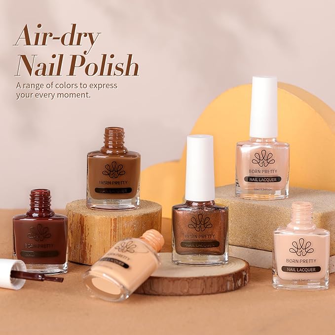 Born Pretty Brown Nail Polish Quick Dry, 6 Colors Fall Nude Brown Caramel Coffee Chestnuts Chocolate Glitter Nail Polish Neutral Beige Khaki Fingernail Polish All Seasons Nail Art DIY Home Salon Gift