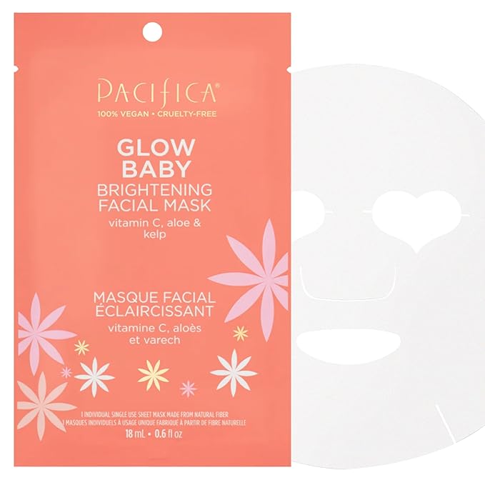 Pacifica Sheet Face Mask - 6 Pack - Glow Baby Brightening Facial Mask w/Vitamin C, Aloe & Kelp – Cooling Mask for Dark Spots & Fine Lines - Clean Beauty Vegan & Cruelty-Free Dermatologist Tested