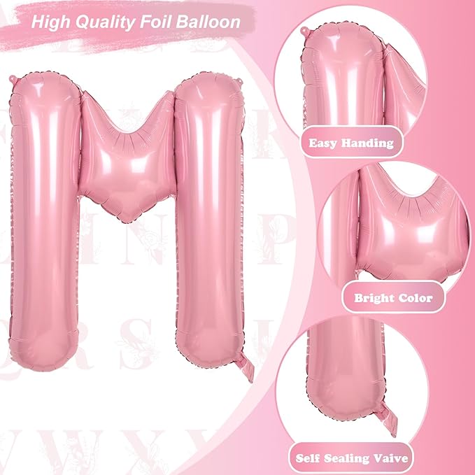 40 Inch Pastel Pink Letter Balloon, Giant Alphabet M Foil Balloons Baby Pink, Self Inflating Balloon Pearl Pink Letters M, Mylar Letter Customize Balloons for Girl Birthday Party Decorations Supplies