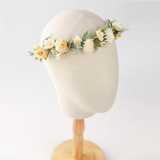 Yellow Flower Crown Headband - Fairy Floral Headpiece Renaissance Flower Crown for Women Girls Weeding Birthday Party Cosplay Photo Prop