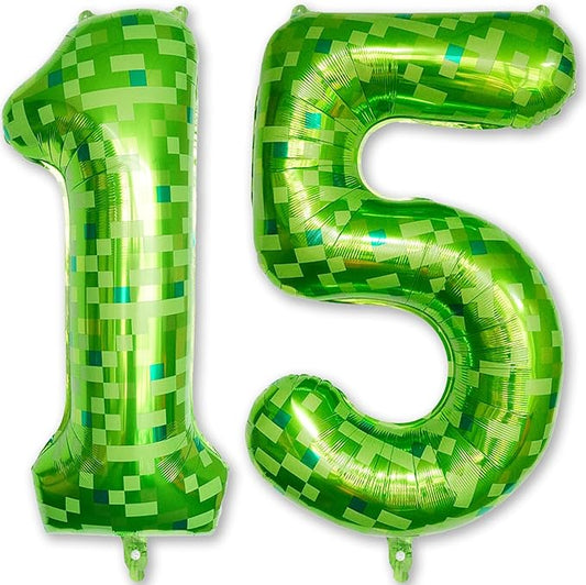 40 Inch Green Pixel Number 15 Balloon for 15th Birthday Decorations, Large Dark Kelly Lime Green Self Inflating Foil 15 Balloon Number for Boy 15 Year Old Birthday Party Video Game Patrick's Day Decor