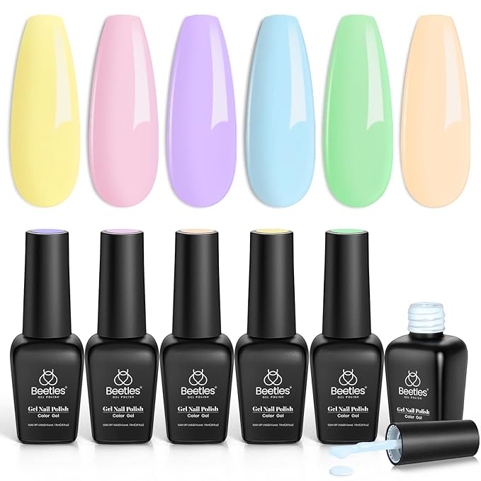 Beetles Pastel Gel Nail Polish, 6 Colors Macaron Gel Polish Light Pink Blue Green Yellow Purple Nails Soft All Season Soak Off Uv Gel Manicure Nail Art Design DIY Home Salon Gift for Girls Women