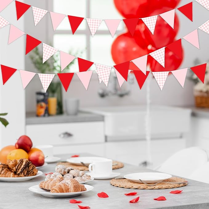 33 Ft Valentine's Day Hanging Banner Decoration Triangle Flag Red Pink Pennant Plaid Fabric Bunting Garland for Anniversary Wedding Baby Shower Party Supplies