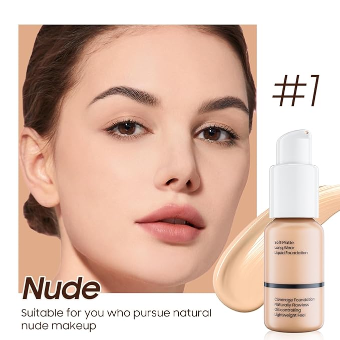 Matte Full Coverage Liquid Foundation - Lightweight & Flawless Oil Control Foundation Makeup, Waterproof and Long-Lasting Skin Foundation Concealer for Dry and Oily Skin, 1 Fl Oz (#102 Nude)