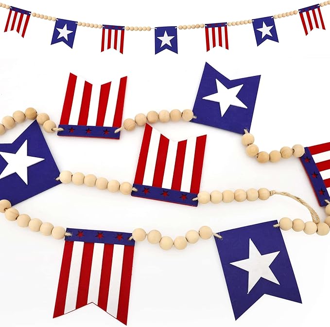 5.1 FT 4th of July Patriotic American Flag Wood Bead Garland Banner - Independence Day Decorations for Fireplace Mantle, Red White Blue Decor for Memorial Day, Veterans Day & Party Supplies