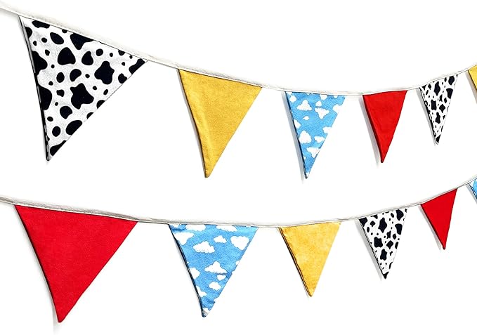 2 Sets of Cartoon Story Party Decorations Nursery Garland 24Pcs Red Blue Yellow Toy Themed Story Fabric Banner Cloud and Cow Print Triangle Pennant Flag Streamers for Kids Birthday Baby Shower Decor
