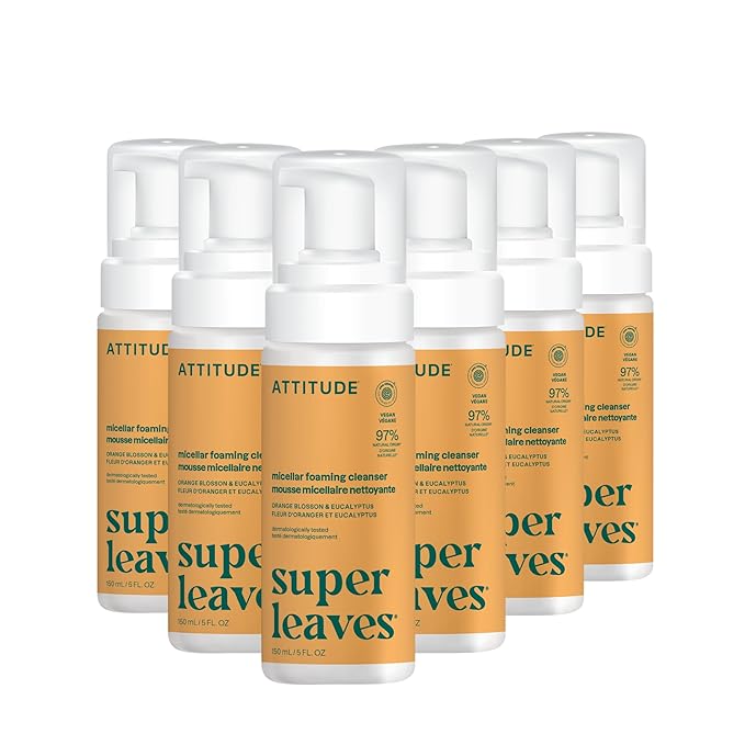 ATTITUDE Micellar Foaming Facial Cleanser, EWG Verified, Dermatologically Tested, Plant and Mineral-Based, Vegan, Orange Blossom & Eucalyptus Scent, 5 Fl Oz (Pack of 6)