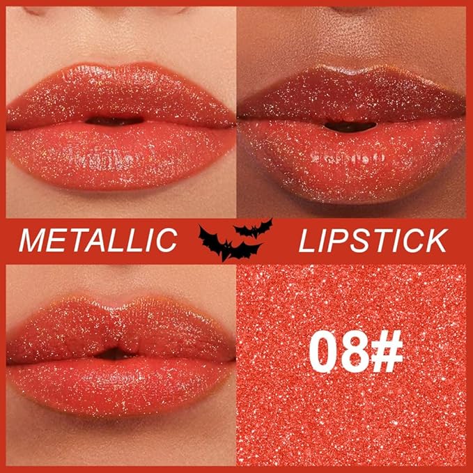 Orange Metallic Lipstick for Women,Lightweight Non-Drying Shimmer Frosted Lipsticks,Glitter Lip Gloss Stain Long Lasting Waterproof No Smudge Proof No Transfer 12 Hour,Cruelty-Free Makeup