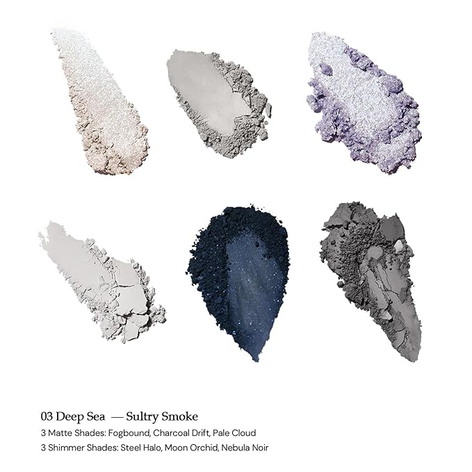 Flower Knows 03 Deep Sea - Sultry Smoke: Capture the mystery of the deep sea with cool, smoky greys and reflective silver glitter—siren eyes in a palette.Paint your lids with the colors of the sea
