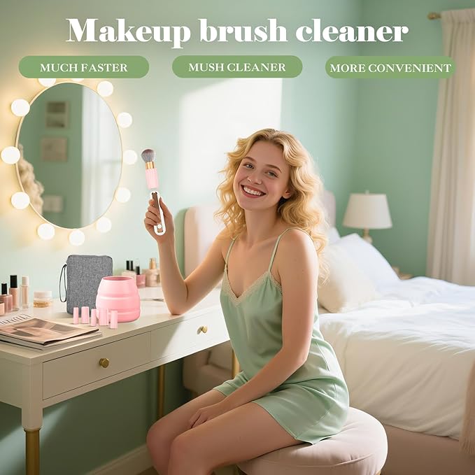Electric Makeup Brush Cleaner Machine -15000RPM Fast Deep Cleaning and Dry Make Up Brushes Efficient Cleaning With Storage Cas, Portable Spinning Washer, gift for women- pink